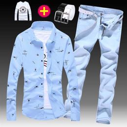 Spring Autumn Men's Long Sleeve Shirt Cotton Blends Jeans Pants 2pcs Set Casual Style Printing White Sky Blue Male Clothes X0251z