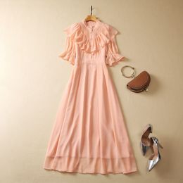 2023 Solid Colour Ruffle Chiffon Dress 1/2 Half Sleeve Stand Collar Panelled Long Maxi Casual Dresses S3W110511