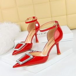 Dress Shoes Women's Banquet High Heels Shallow Mouth Pointed Hollow One Strap Metal Rhinestone Buckle Sandals
