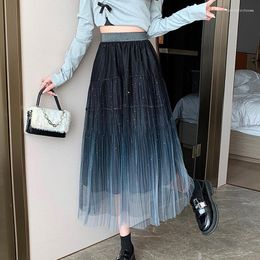 Skirts TIGENA Fashionable Gradient Tulle Long Skirt For Women 2023 Shiny Sequined Mesh A Line High Waist Pleated Midi Female