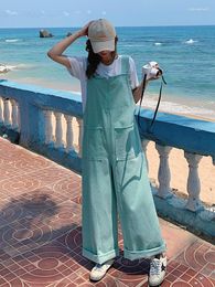 Women's Pants Overalls For Women Streetwear Chic Hip Hop Loose Cotton Green Strap Jumpsuit 2023 Summer Female Wide Leg Cargo Rompers C62