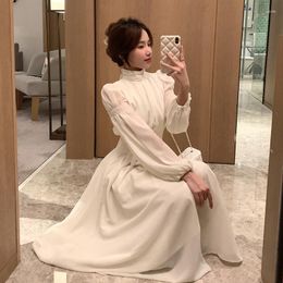 Casual Dresses White Puff Sleeve Long Dress Pleated Vintage Chiffon Party Retro Robe Longue