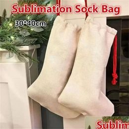 Christmas Decorations Sublimation Blank Stocking Bag Burlap Linen Halloween Xmas Personalized Heat Transfer Printing Dstring Socks B Dhhov