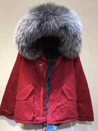 Women's Fur Customised Red Parka Real Raccoon Collar & Grey Rex Inside Jacket Unisex Faux Lining Coats