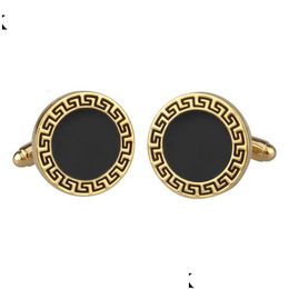 Cuff Links Vintage Decorative Pattern Cufflinks Black Enamel Epoxy Round Plated Golden Men Festival Gift Wholesale Customising Drop De Dhxqx