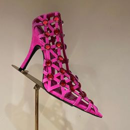 Griglia nera E nastro tacco a spillo sandalo da donna scarpe a punta decorazione con strass pompa scava fuori tacchi alti abito da 10,5 cm designer sandali di lusso firmati party