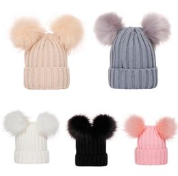 Trendy High Quality Acrylic Warm Winter Cold Hats Caps Knitted infant Beanie Cute Baby Wool Cuffed Skull Cap Toddler Double Pom Pom Beanies