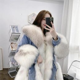 Women's Trench Coats 2023 Winter Imitation Hair Denim Patchwork Fur Jacket Parka Down Cotton Loose Mid Length Style