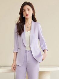 Women's Two Piece Pants 2023 Summer Elegant Purple Suit Jacket High End Office Casual Three Quarter Blazer Sets