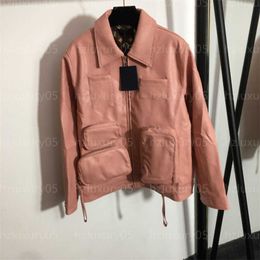 Leather Jacket Women Designer Coat Lining Print Design Handsome Zipper Pocket Lapel Long Sleeve PU Leather Coats Fashion Top Pink Designers Jackets Womens