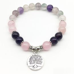 Beaded Sn1321 Fashion Womens Bracelet Tree Of Life Charm Yoga Natural Fluorite Jewelry Handmade Drop Delivery Bracelets Dhgarden Dhdwb