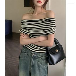 Women's Hoodies Korejepo Off Shoulder Stripe T-shirt Summer Short Sleeve Knitted Girl Top 2023 Gentle Ins Casual Versatile Tops