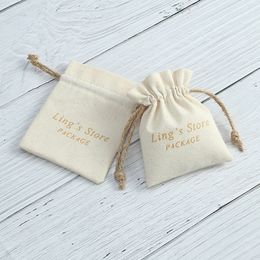 Jewelry Pouches Bags 50pcs Custom Cotton Burlap Jewelry Bag Nature Canvas Gift Bags for Necklace Earring Ring Soap Organizer Pouch Wedding Favor 230909