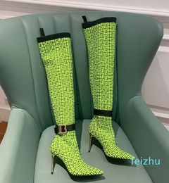 Elastic knitted fabric Stiletto knee boots letter embroidered pointed sock boots Women's outdoor shoes Designer Boot factory footwear With box