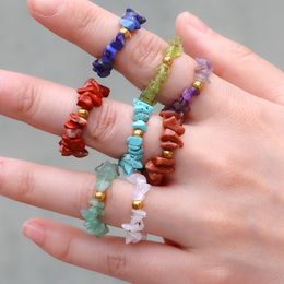 Gold bead Irregular Crystal Natural chip stone rings aquamarine amethyst Colourful Gravel Beaded Ring For Women girls Jewellery