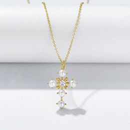 Chains S925 Sterling Silver Pearl Necklace For Women Ins Hip Hop Cold Style Cross Pendant Clavicle Chain