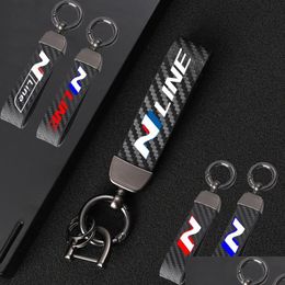 Keychains Lanyards Carbon Fiber Car Key Chain 360 Degree Rotating Horseshoe Rings For Hyundai N Nline Son Kona Sonata Veloster I30 I20 Dhyzg