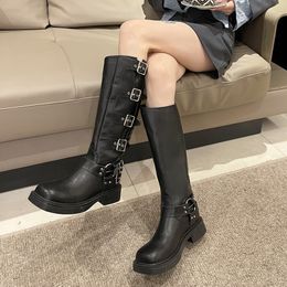 Boots Fashion Belt Buckle Motorcycle Long Boot Punk Pu Leather Knee High Botas Woman Black Brown Plus Size Knight Combat 230911