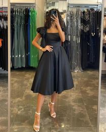 Party Dresses Homecoming Black Younger Girls' Wear Length A Line Graduation Gowns Square Neck Short Sleeves Prom Dress