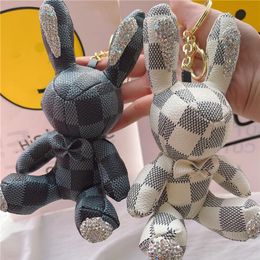 Animal Rabbit Keyrings PU Leather Luxury Rhinestone Key Chains Rings Jewellery Fashion Black Brown Flower Plaid Design Pendant Bag C271R