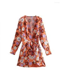 Casual Dresses 2023 Summer Women Floral Print Dress Fashion Female V-Neck Long Sleeve Mini Waist Lace Up Office Ladies Outwear