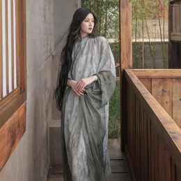 Vestidos casuais hanfu mulheres verde longo robe roupas legal estilo chinês cheongsam solto melhorado elegante vestido literário vestidos conjunto