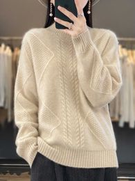 Aliselect Fashion 100% Merino Wool Top Women Knitted Sweater Mock Neck Full Sleeve AutumnWinter Clothing Twisted Jumper Knitwear