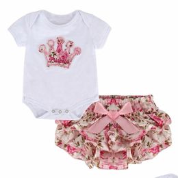 Clothing Sets Newborn Infant Baby Girls Set Crown Pattern Romper Bodysuitaddprinted Tutu Ruffle Shorts Pants Outfits Toddler Suits Dro Dh4Xg