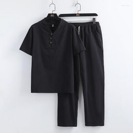 Men's Tracksuits M-5Xl 2023 Summer Two-piece Linen Cotton Casual T-shirt And Trousers Suit Sports Fashion Short Sleeved Clothing
