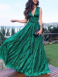Casual Dresses Women Green Elegant Printing Evening Maxi Deep V-neck Sexy Vacation Party Gown Pleated High Waist Lace Up Swing Dress
