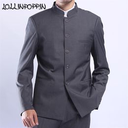 Mens Grey Tunic Suit Jacket Mandarin Collar Single Breasted Chinese Traditional Style Stand Collar Coat295V
