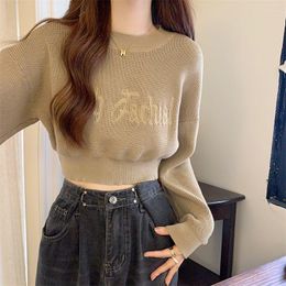 Women's T Shirts Chic High Waist Round Neck Long Sleeve Knitted Sweater With Embroidered Letters Crop Top Women Clothes Aesthetic Y2K