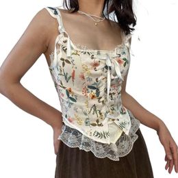 Active Shirts Women Vintage Floral Camisole Flower Embroide Push Up Bodysuit Tight Girdle