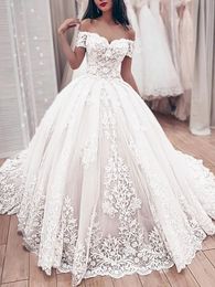 Princess Ball Gown Wedding Dresses Sweetheart Off Shoulder Crystal Muslim Bridal Beaded Lace Appliques Plus Size Party Gowns Robe De Marriage 403