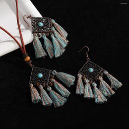 Necklace Earrings Set Vintage Geometric Tassel Hollow Jewellery Natural Turquoises Pendant Leather Rope For Women Girls Jewellery