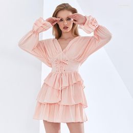 Casual Dresses Patchwork Ruffle For Women V Neck Long Sleeve High Waist Female Fashion Backless Bowknot Print Dress
