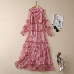 2023 Autumn Red Floral Tulle Panelled Dress Long Sleeve Round Neck Long Maxi Casual Dresses S3L220621