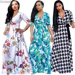 Plus size 3xl vestidos para mulheres vestidos maxi primavera outono decote em v floral impresso plissado rendas até vestido casual roupas femininas