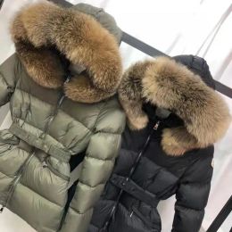 Mulheres Monclear Down Jacket Casacos de Inverno Casacos Real Gola de Cabelo de Guaxinim Quente Moda Parkas Com Cinto Senhora Casaco de Algodão Casacos Grande Bolso