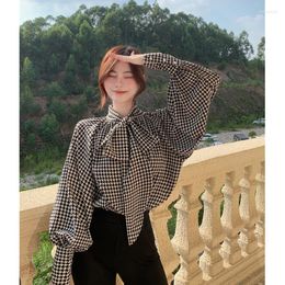 Women's Blouses Korejepo Checkered Ribbon Shirt Tie Bat Sleeve Bow Autumn Loose Slimming Bottom 2023 Gentle Chic Tops