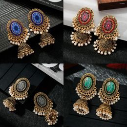 Dangle Earrings Classic Ethnic Blue Flower Jhumka For Women Vintage Boho Jewellery Gold Colour Bell Tassel 2023