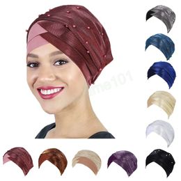 Beading Women Muslim Cross Inner Hijab Cap Glitter Headwrap Scarf Stretch Beanies Hat Indian Turban Hair Loss Cap Chemo Headwear