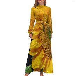 Повседневные платья Желтое платье с цветочным узором с высокой талией Цветущий подсолнух Дизайн Богемия с длинным рукавом Эстетическое макси Kawaii Vestidos