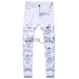 Men's Jeans Mens White Black Distressed Holes Skinny Jeans Full Length Denim Pants Street Style Trousers Wholesale x0911