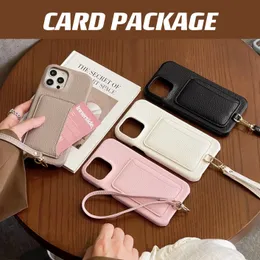 Slim Litchi Leather Card Holder Wallet Case For iPhone 15 Pro Max 14 13 12 11 XR X 8 7 Plus Anti-Scratch Soft Touch With Lanyard