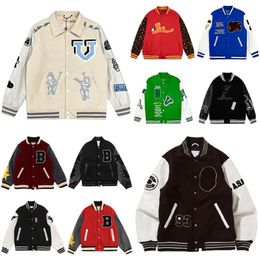 FW Designer Mens Varsity Jacket Baseball Outerwear Coat Wool Fleece Flocking Leather Jackets Embroiderd Single Breasted Couples Un243Q