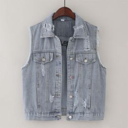 Women's Jackets 2023 Autumn Spring Loose Casul Sleeveless Jean Jacket Plus Size Turn Down Collar Women Denim Vest Fashion Ripped Blue