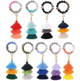 DHL Silicone Beads Bracelet Keychain Party Favour Three Layer Cotton Tassel Wrist Keyring Bead Bangle Key Ring Women Bag Pendant Decoration Wholesale