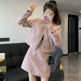 Two Piece Dress Autumn Winter Vintage Tweed Skirts Pieces Set For Women Long Sleeve Shoet Jackets Coat Mini Skirt Suit Korean Fashion Outfit