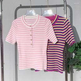 Women's T Shirts 2023 Fall Striped Colourful Knitted Tees O-Neck Button Half Open Elastic Slim Short Sleeve Pink T-Shirt Women